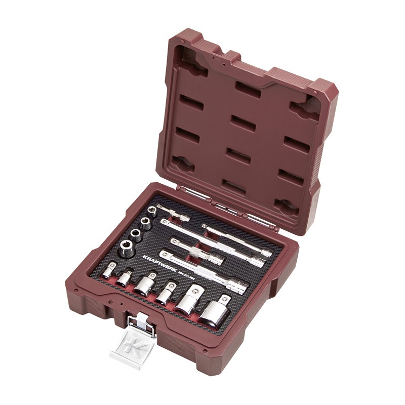 Coffret des accessoires de douilles, 1/4"+3/8"+1/2", 15 pcs. Kraftwerk