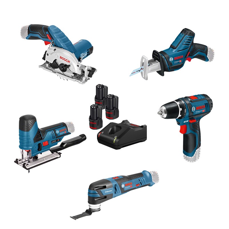 Set de 5 machines 12 V + GSR + GST + GOP + GKS + GSA + 3 Accus Bosch Set de 5 machines 12 V + GSR + GST + GOP + GKS + GSA + 3 Accus Bosch