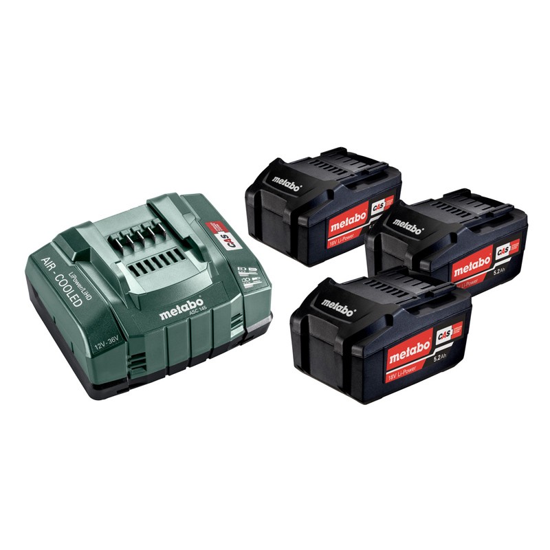Set mit 3 18V - 5,2 Ah Batterien mit ASC Ladegerät Metabo Set mit 3 18V - 5,2 Ah Batterien mit ASC Ladegerät Metabo