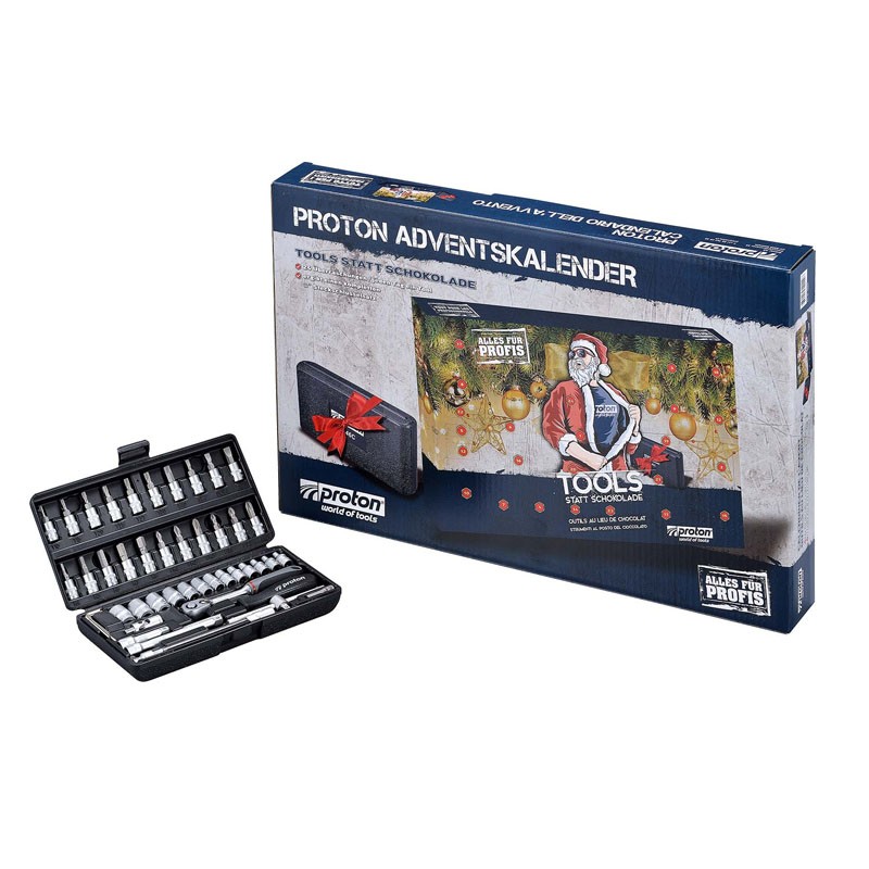 Calendrier de l'avent outillage, coffret douilles cliquet P-46C 1/4", 46 pièces Proton Calendrier de l'avent outillage, coffret douilles cliquet P-46C 1/4", 46 pièces Proton