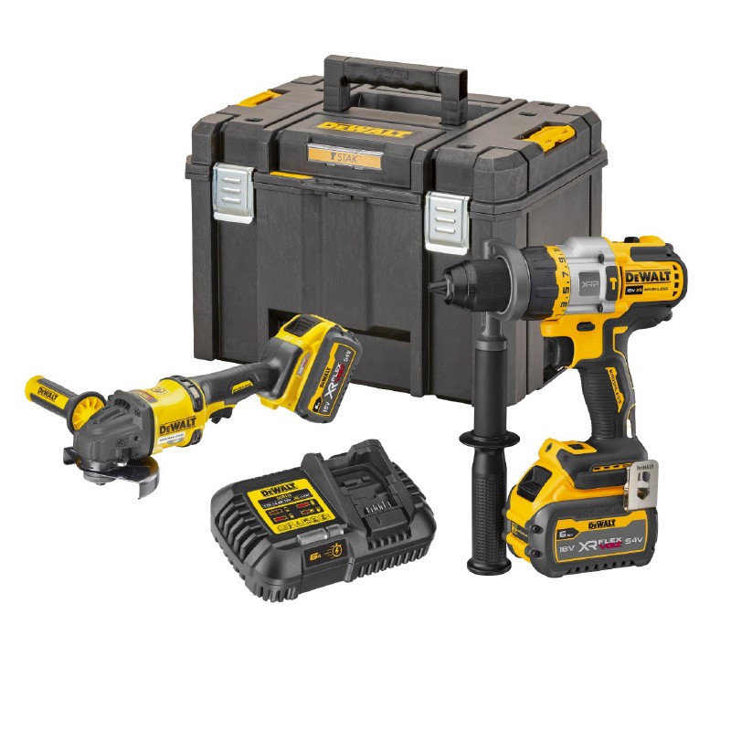Set mit 2 Maschinen 18V/54V Bohrmaschine / Schleifer + 2 Akkus DCK2016T2T DeWalt