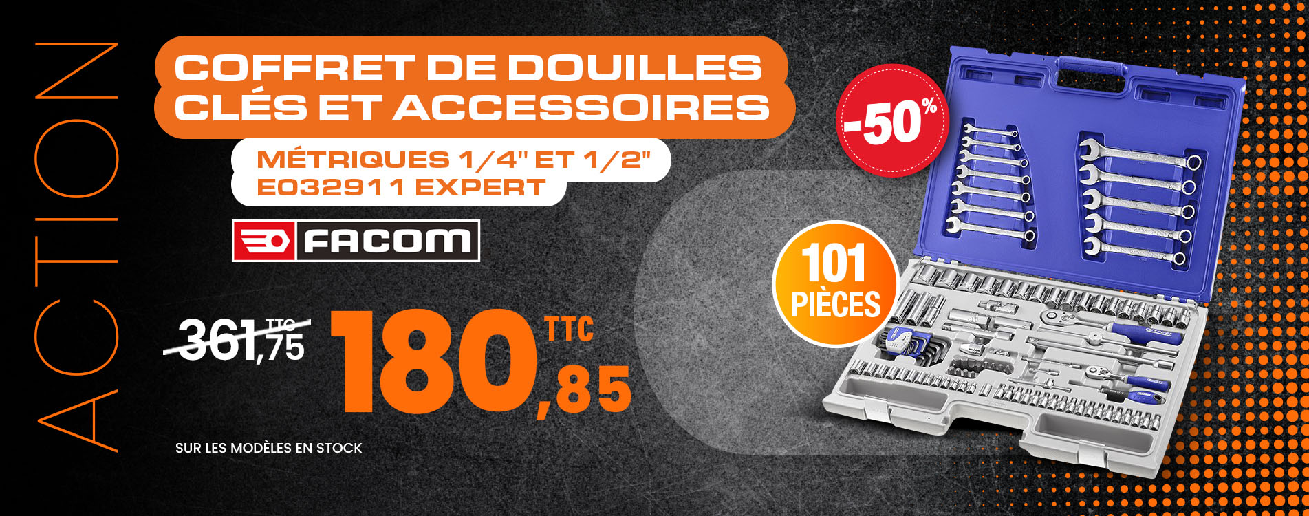 Coffret de douilles, clés et accessoires, métriques 1/4'' et 1/2