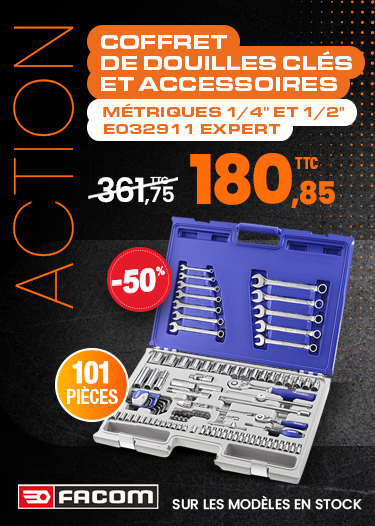 Coffret de douilles, clés et accessoires, métriques 1/4'' et 1/2